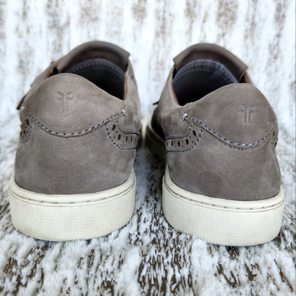 Frye "Gemma Kiltie" Gray Suede Wingtip Fringe Slip On Sneaker | Women's Size 7 - Picture 5 of 11